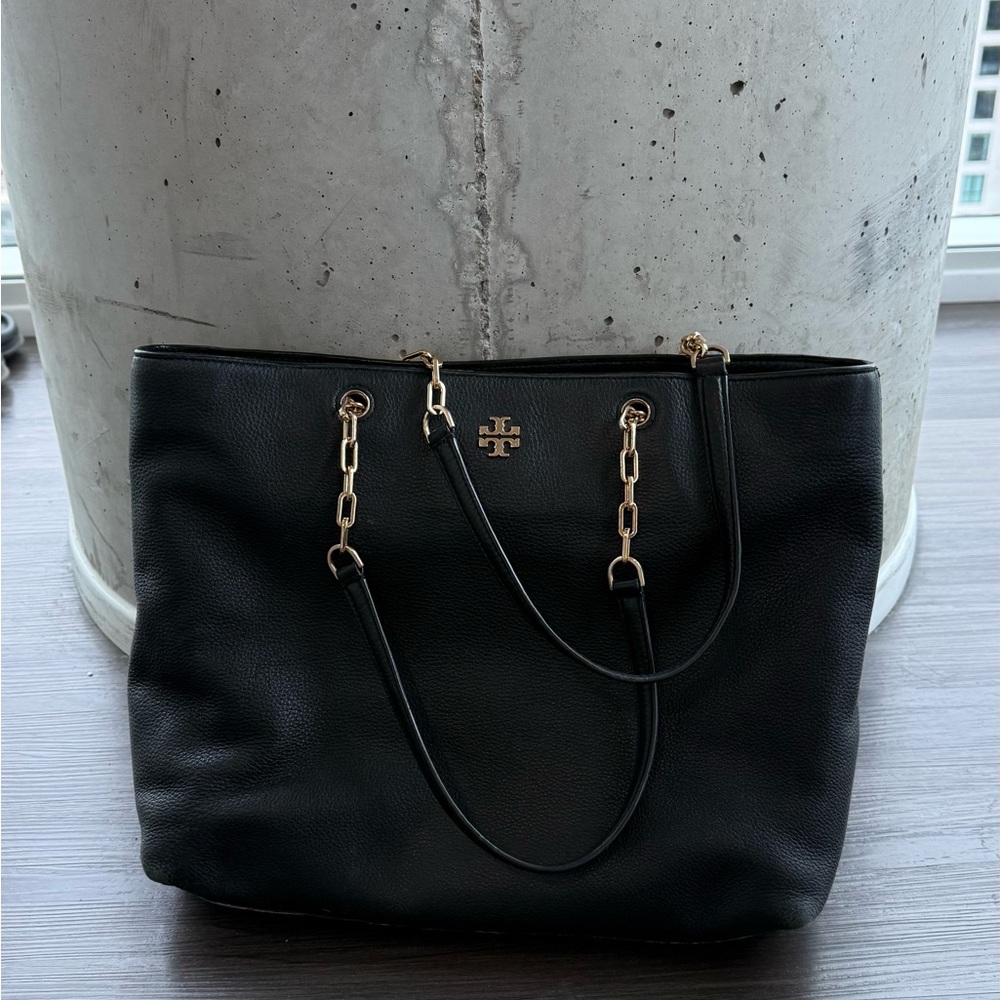 Tory Burch Black Leather Tote with Gold Accents